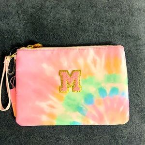 Initial M Stoney clover lane rainbow wristlet pouch with pink and gold patch
